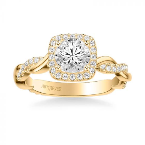 ArtCarved Ciara Contemporary Cushion Halo Twist Diamond Engagement Ring in 18k Yellow Gold