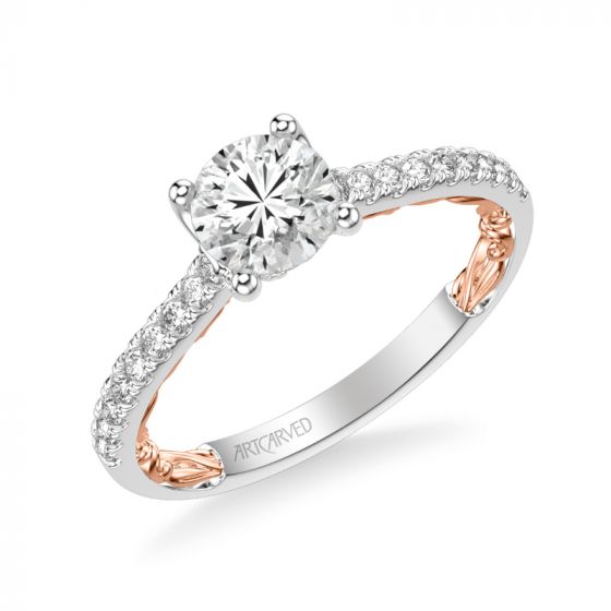 Artcarved Bridal Semi-Mounted with Side Stones Classic Lyric Engagement Ring Marta 14K White Gold Primary & 14K Rose Gold