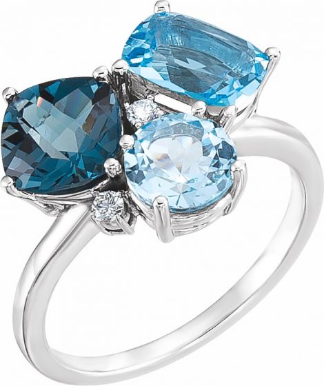 14K White Swiss, London, & Sky Blue Topaz & .05 CTW Diamond Ring