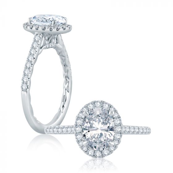 A. Jaffe Oval Halo Engagement Ring with Intricate Gallery Detail and Signature A.JAFFE Quilts Interior