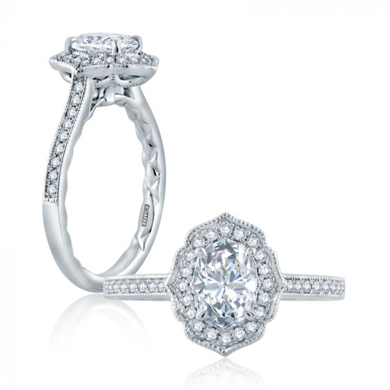 A. Jaffe Floral Inspired Milgrain Detail Halo Oval Engagement Ring