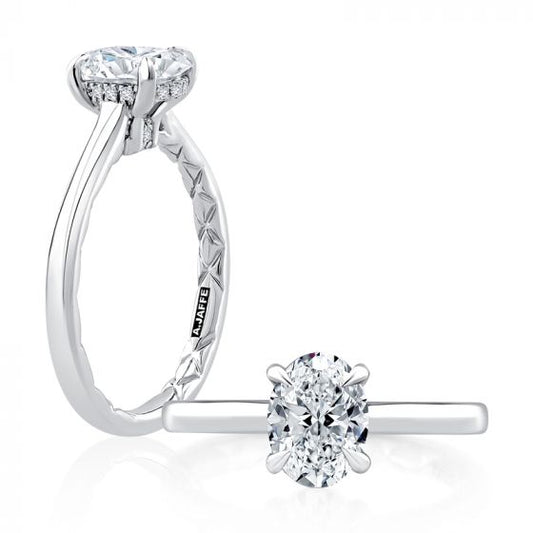 A. Jaffe Hidden Halo Oval Cut Diamond Solitaire Engagement Ring with Quilted Interior