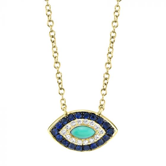 Shy Creation 14k Yellow Gold Diamond Blue Sapphire & Composite Turquoise Necklace