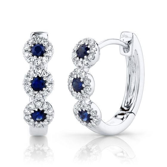 Shy Creation 14k Gold White 0.15Ct Diamond & 0.30Ct Blue Sapphire Huggie Earring