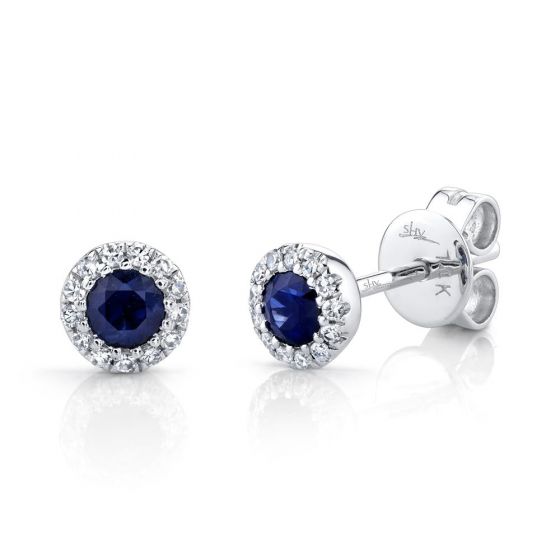 Shy Creation 14k Gold White 0.08Ct Diamond & 0.28Ct Blue Sapphire Stud Earring