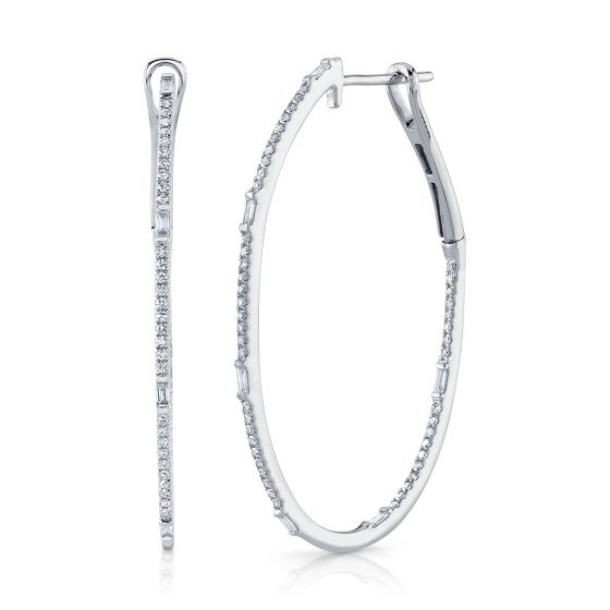 Shy Creation 14k Gold White 0.44Ct Diamond Baguette Oval Hoop Earring