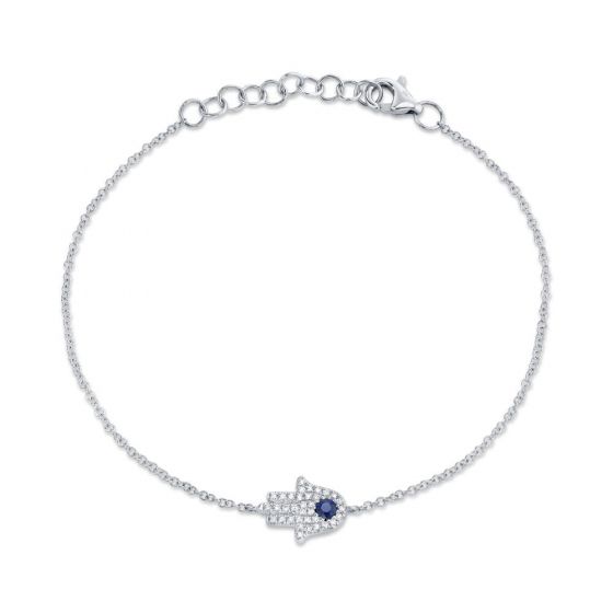 Shy Creation 14k Gold White 0.09Ct Diamond & 0.08Ct Blue Sapphire Hamsa Bracelet