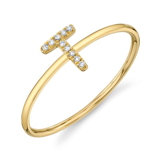 Shy Creation 14k Gold Yellow 0.03Ct Diamond Ring - Initial T
