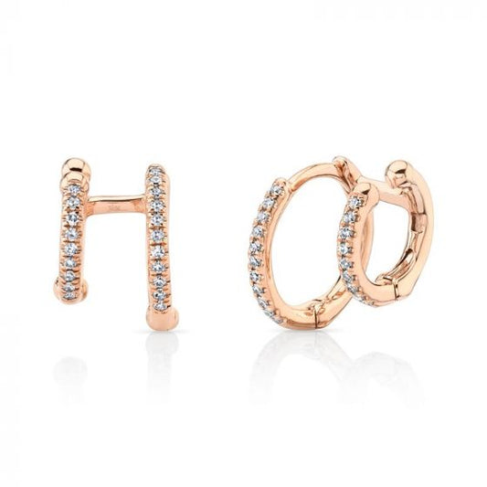 Shy Creation 14k Rose Gold Diamond Double Huggie Earrings
