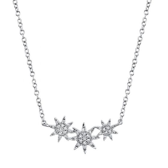 Shy Creation 14k Gold White Celeste 0.09Ct Triple Diamond Star Pendant Necklace