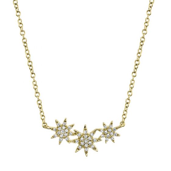 Shy Creation 14k Gold Yellow Celeste 0.09Ct Triple Diamond Star Pendant Necklace