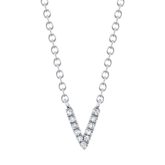 Shy Creation 14k Gold White 0.03Ct Diamond Necklace - Initial V
