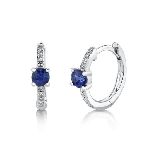 Shy Creation 14k Gold White 0.06Ct Diamond & 0.33Ct Blue Sapphire Huggie Earring