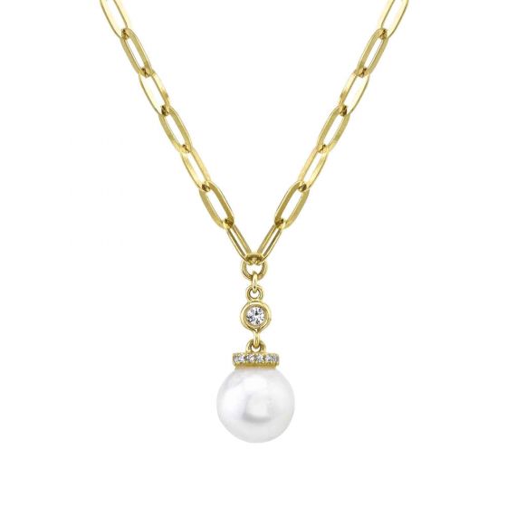 Shy Creation 14k Gold Yellow 0.05Ct Diamond & Cultured Pearl Paper Clip Link Necklace