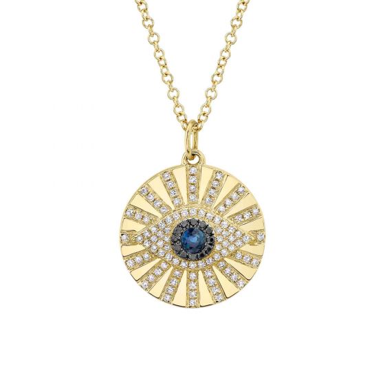 Shy Creation 14k Gold Yellow 0.23Ct Black & White Diamond & 0.15Ct Blue Sapphire Eye Necklace