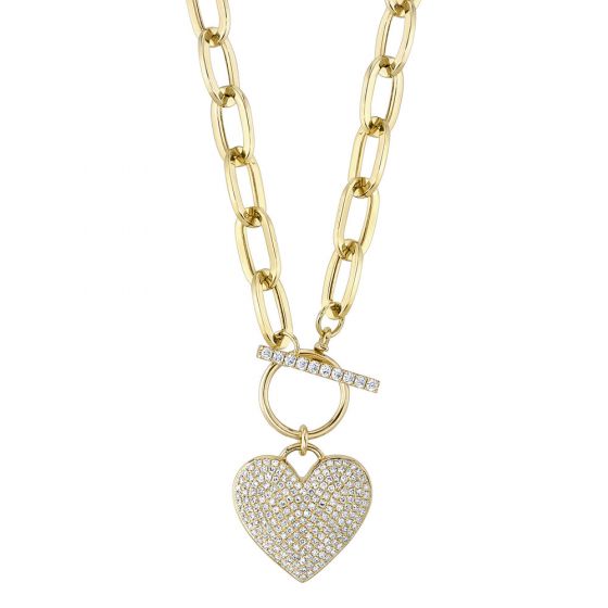 Shy Creation 14k Gold Yellow 0.50Ct Diamond Paper Clip Link Pave Heart Necklace
