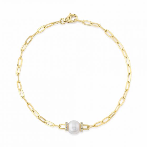 Shy Creation 14k Gold Yellow 0.07Ct Diamond & Cultured Pearl Paper Clip Link Bracelet