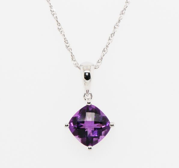 14K White Gold Cushion Amethyst Solitaire Pendant Necklace, 18”