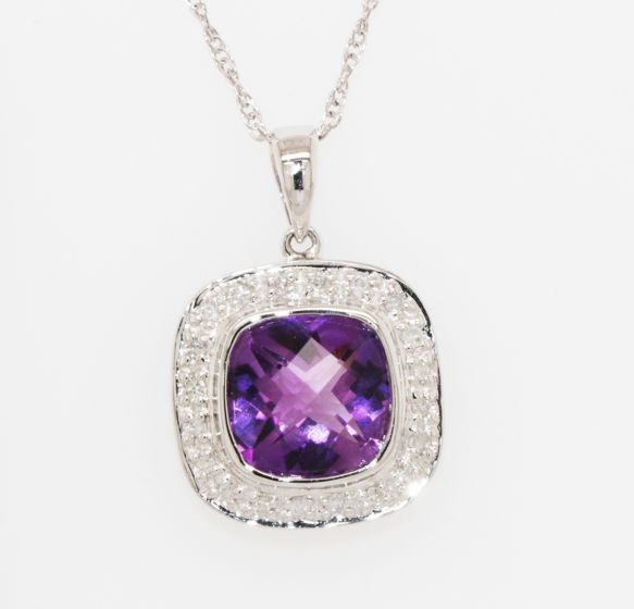 14K White Gold Cushion Amethyst Diamond Halo Pendant Necklace, 18”