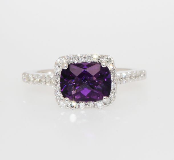 14K White Gold East West Set Cushion Amethyst Diamond Halo Ring