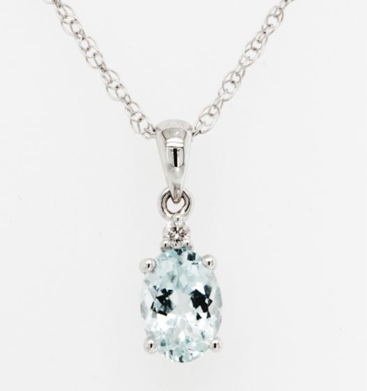 14K White Gold Oval Aquamarine Diamond Pendant Necklace, 18”