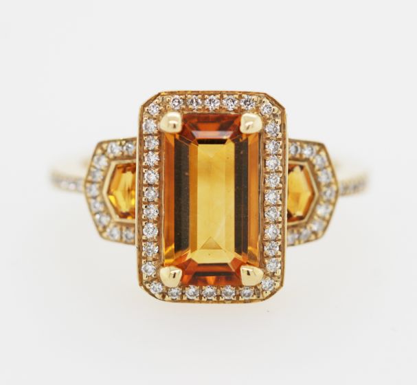 14K Yellow Gold Emerald Cut Citrine Diamond Halo Three Stone Ring