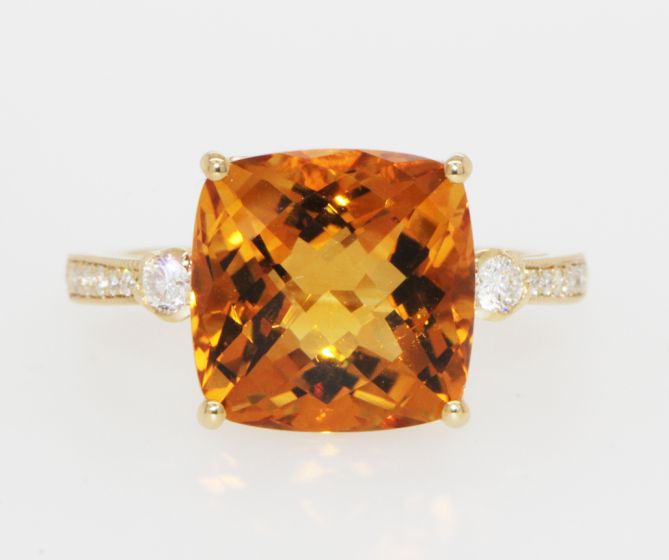 14K Yellow Gold Cushion Citrine Diamond Ring