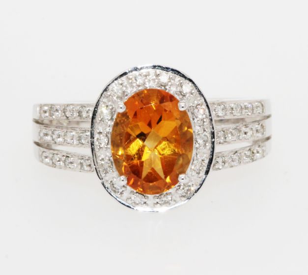 14K White Gold Oval Citrine Triple Split Shank Diamond Halo Ring