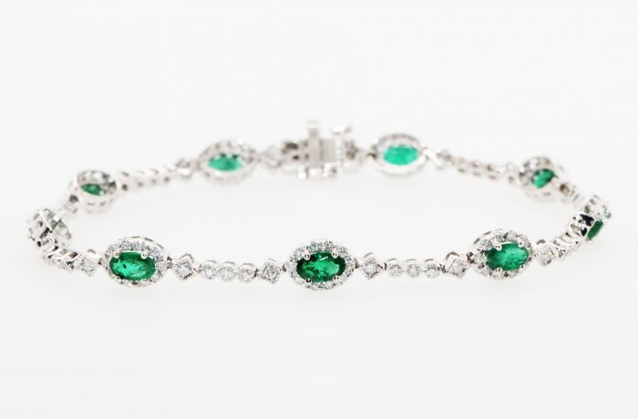 14K White Gold Oval Emerald Diamond Halo Bracelet, 7”