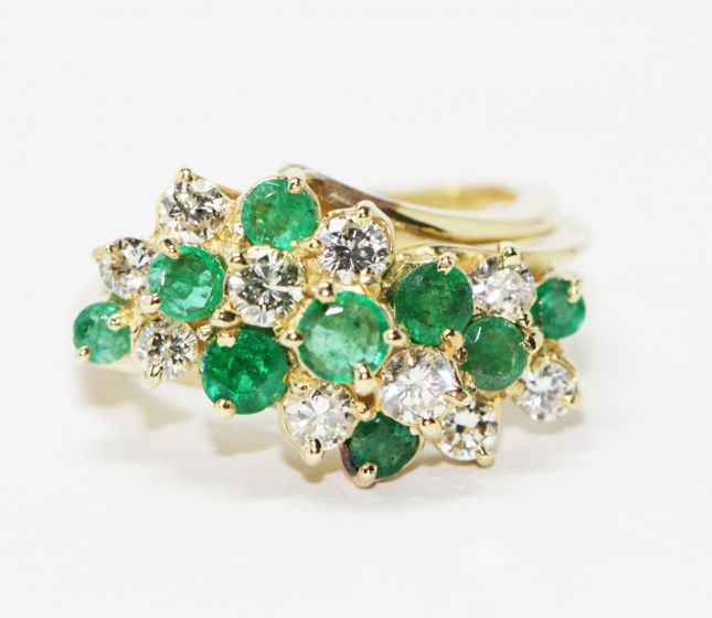 Estate 18K Yellow Gold Emerald and Diamond Cluster Ring