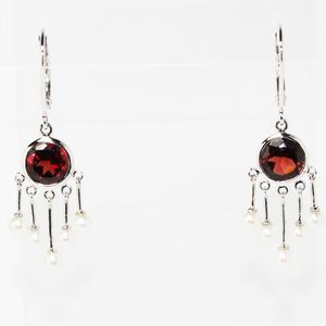 14K White Gold Bezel Set Garnet Pearl Drop Earrings