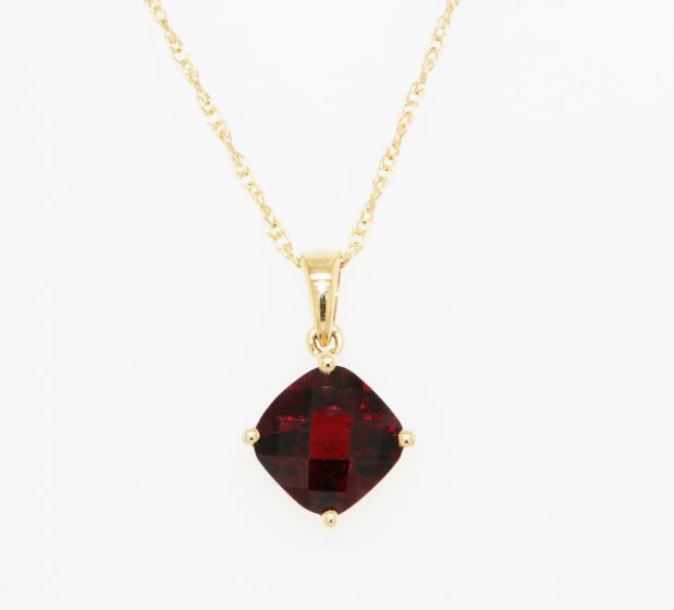 14K Yellow Gold Cushion Garnet Solitaire Pendant Necklace, 18”