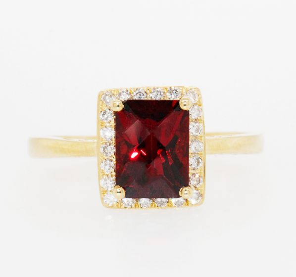 14K Yellow Gold Rectangular Cushion Garnet Diamond Halo Ring