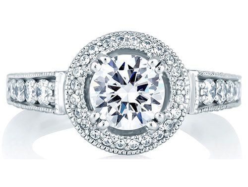 A. Jaffe 18k White Gold Classic Milgrain Halo Set Diamond Engagement Ring