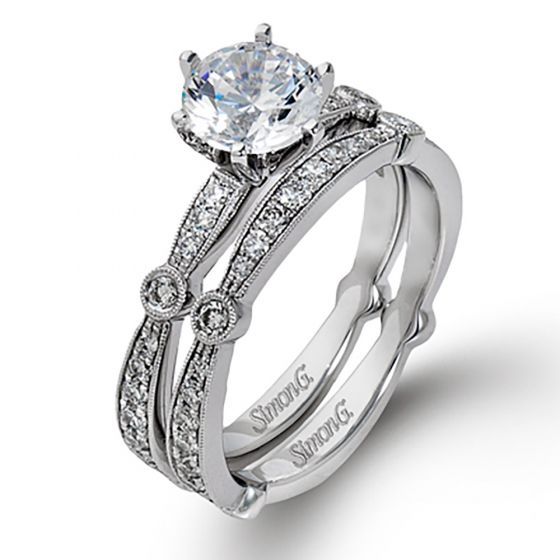 Simon G. 18k White Gold Engagement Ring and Wedding Band Set