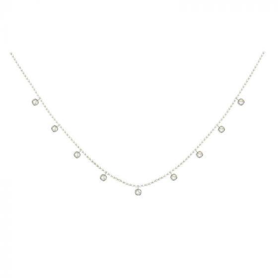 14K White Gold Bezel Set Diamond Dangle Necklace, 16”