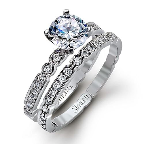 Simon G. 18k White Gold Engagement Ring/ Wedding Band Set