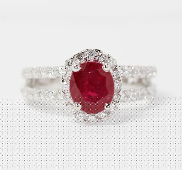 14K White Gold Oval Ruby and Diamond Split Shank Halo Ring