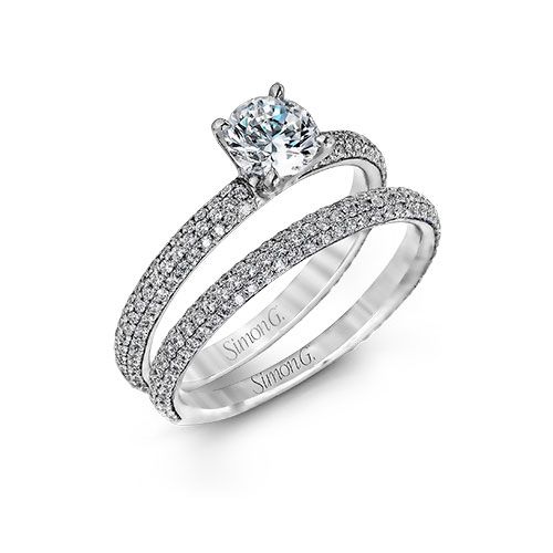 Simon G. 18k White Gold Diamond Engagement Ring and Wedding Band Set