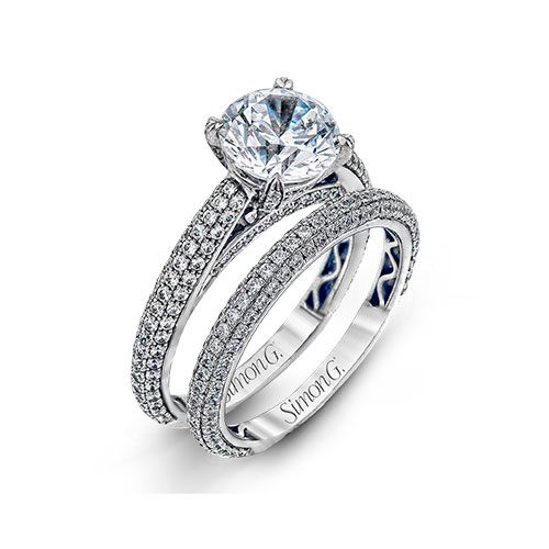 Simon G. 18k White Gold Diamond Engagement Ring and Wedding Band Set
