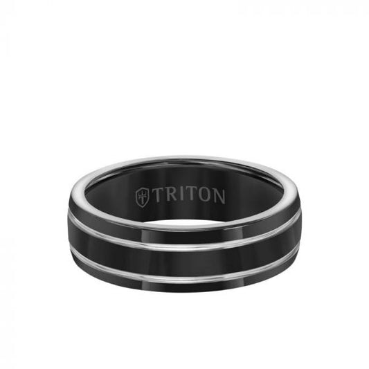 Triton 7MM Titanium Ring - Domed Black Satin Center and Bevel Edge