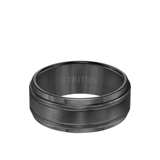 Triton 9MM Tungsten Carbide Ring - Bright Cut Parrelel Lines Satin Center and Step Edge