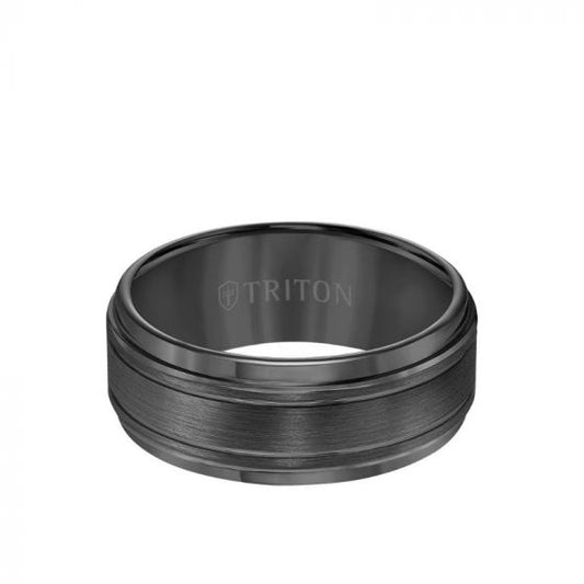 Triton 9MM Tungsten Carbide Ring - Bright Cut Parrelel Lines Satin Center and Step Edge