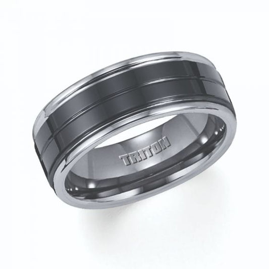 Triton Round Edge Black Ceramic Center Wedding Band