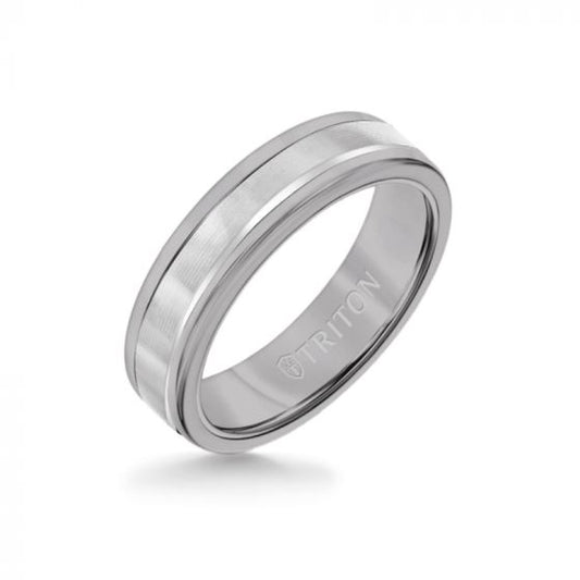 Triton 6MM Grey Tungsten Carbide Ring - Linear 14K White Gold Insert with Round Edge