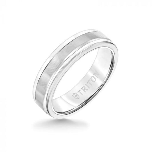 Triton 6MM White Tungsten Carbide Ring - Linear 14K White Gold Insert with Round Edge