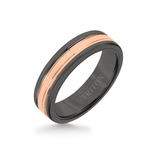 Triton 6MM Black Tungsten Carbide Ring - Double Engraved 14K Rose Gold Insert with Round Edge