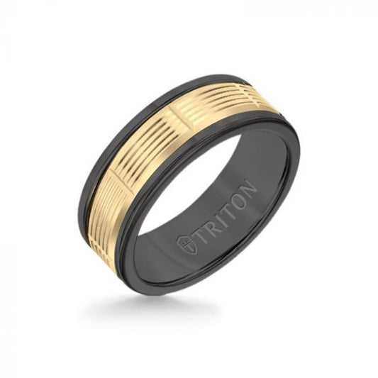 Triton 8MM Black Tungsten Carbide Ring - Serrated Vertical Cut 14K Yellow Gold Insert with Round Edge