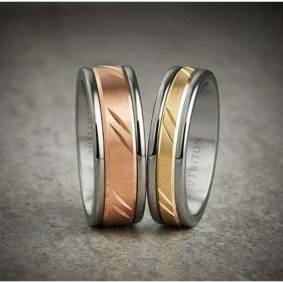 Triton 8MM Black Tungsten Carbide Ring - Bevel Diagonal Cut 14K White Gold Insert with Round Edge