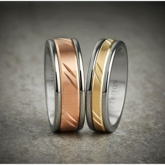 Triton 8MM Black Tungsten Carbide Ring - Bevel Diagonal Cut 14K White Gold Insert with Round Edge